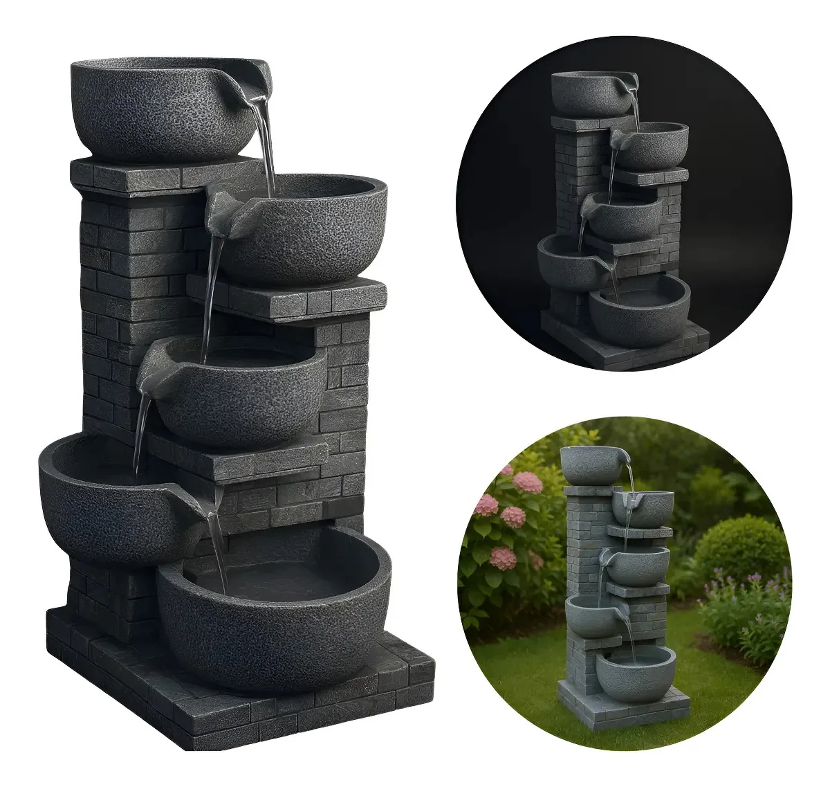 Fonte Cascata Água Decorativa Com Luz Led 5 Bacias Jardim Cinza
