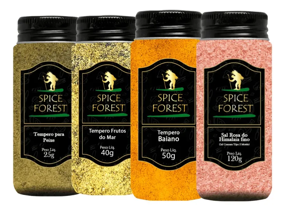 Kit com 4 Temperos Peixes, Frutos do Mar, Tempero Baiano e Sal Rosa - Linha Premium em Frasco de Vidro Spice Forest