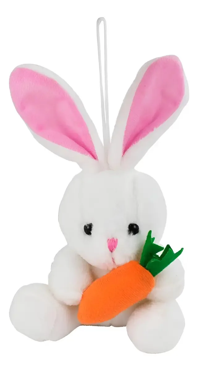 Pelúcia Coelho Branco Com Cenoura E Orelhas Cor De Rosa 12cm