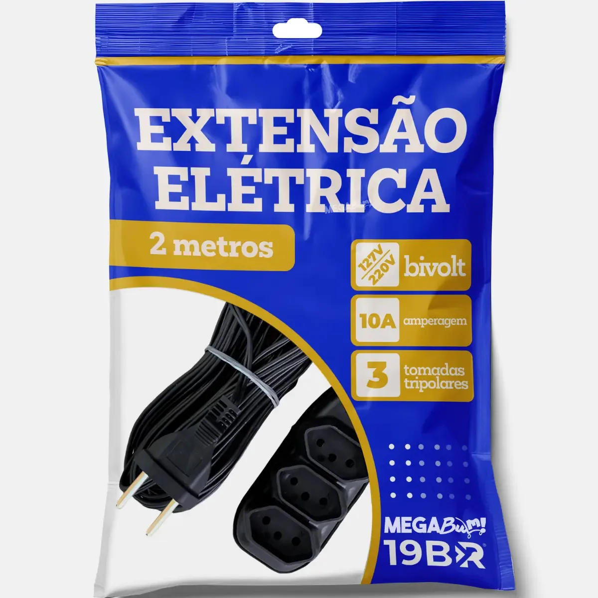 Extensão Elétrica 2 Metros Preto 3 Tomada Tripolar MEGABUM
