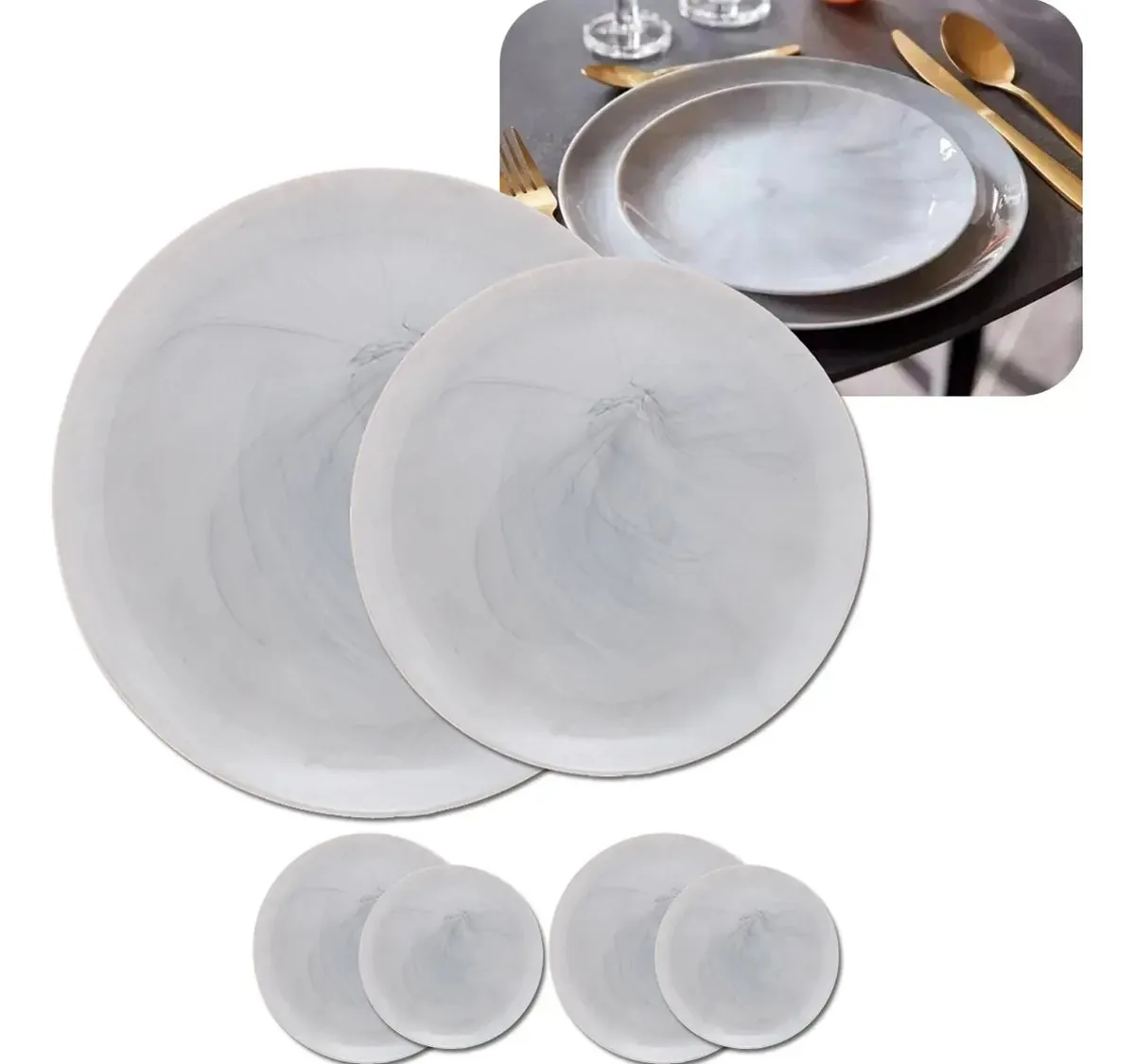 Kit 2 Pratos Rasos E 2 Pratos Sobremesa Vidro Mármore Diwali Cor Cinza Liso