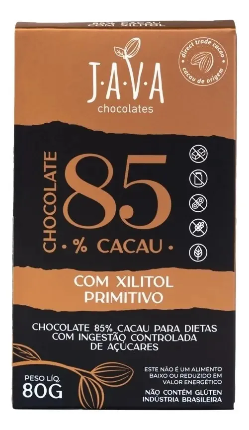 Kit 3 Barras Chocolate 85% Cacau Primitivo com Xilitol 80g Java Sem Açúcar e Glúten