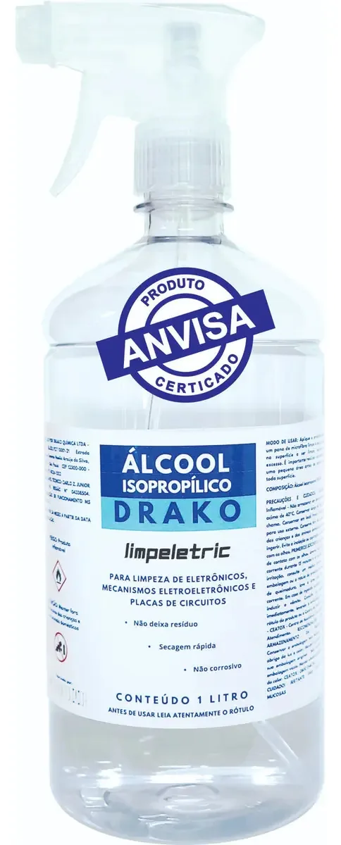 Álcool Isopropílico 99,8% Drako 1L Borrifador Limpeza Eletrônicos