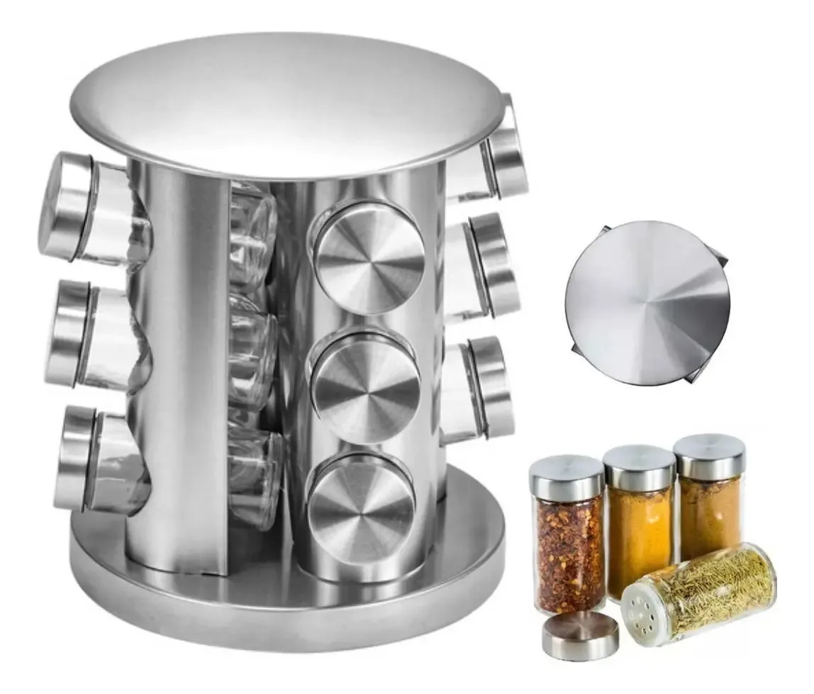 Porta Temperos Condimento Inox Giratório Com 12 Potes Vidro