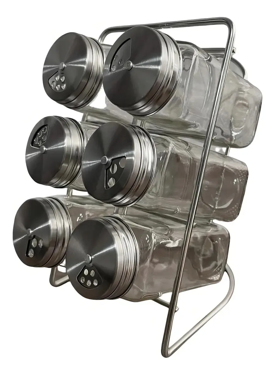 Porta Temperos Condimento Inox Suporte Fixo 6 Potes De Vidro