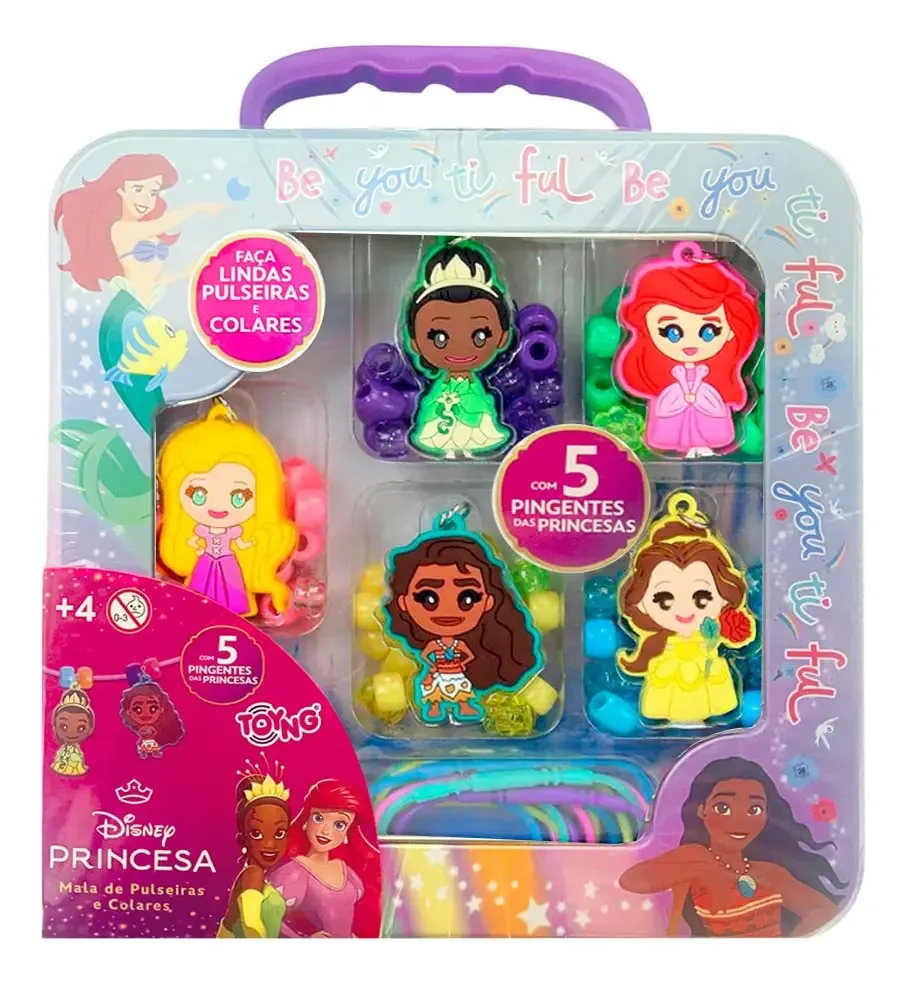 Kit Faca Colar Com Pingente Princesas Disney Estojo De Lata Toyng