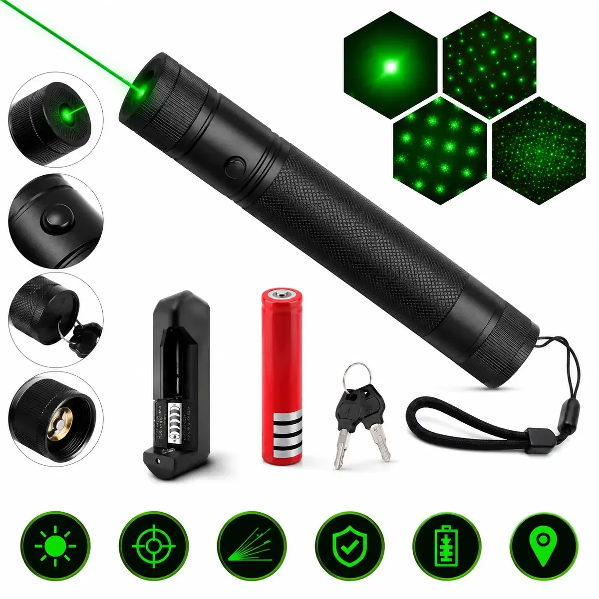 Caneta Laser Verde Ultra Forte 100km Recarregável Laser Pointer Profissional 100mW Longo Alcance com Foco Ajustável Efeito Estelar Bateria 18650 para Astronomia Engenharia Palestras Gold Express