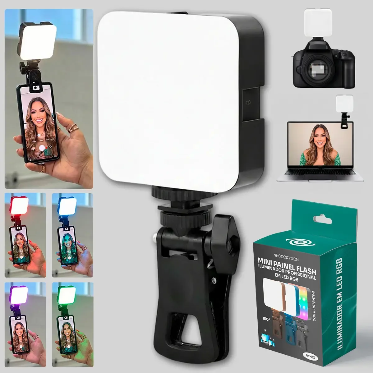 Mini Flash Iluminador de Selfie Profissional Fotográfico Multicolor e Rgb 60w Para Vídeos e fotos Com Luz de Estúdio e Clip Portátil Perfeito para Instagram Tiktok - GoodVision