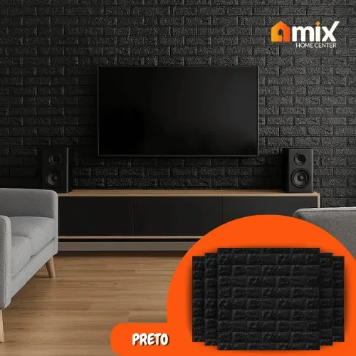 48 Placas 77x70 Auto Adesivo 3d Papel Parede Tijolinho Cor Preto