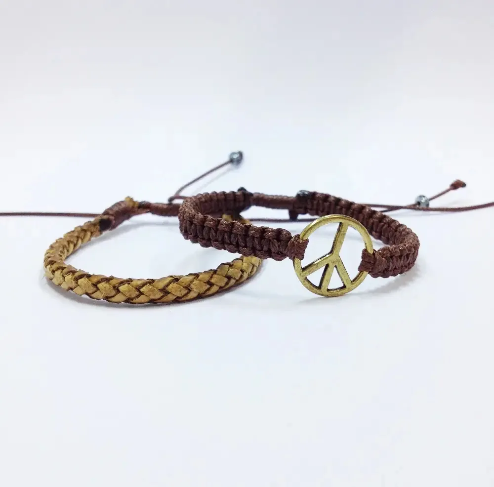 Kit Pulseiras Masculina Simbolo Paz, Couro E Açaí