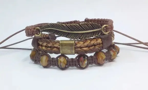 3 Pulseiras Masculinas Couro Shambala Pena Ouro Velho E Cri