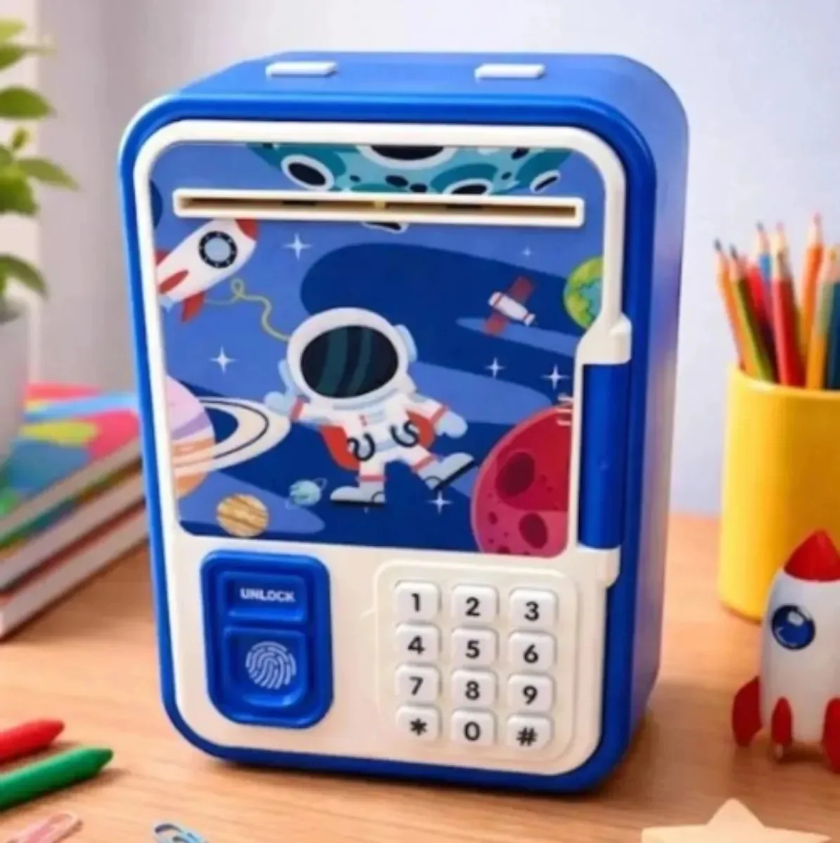 Cofre Digital Eletrônico Biometria Senha Capivara Princesa Astronauta Azul