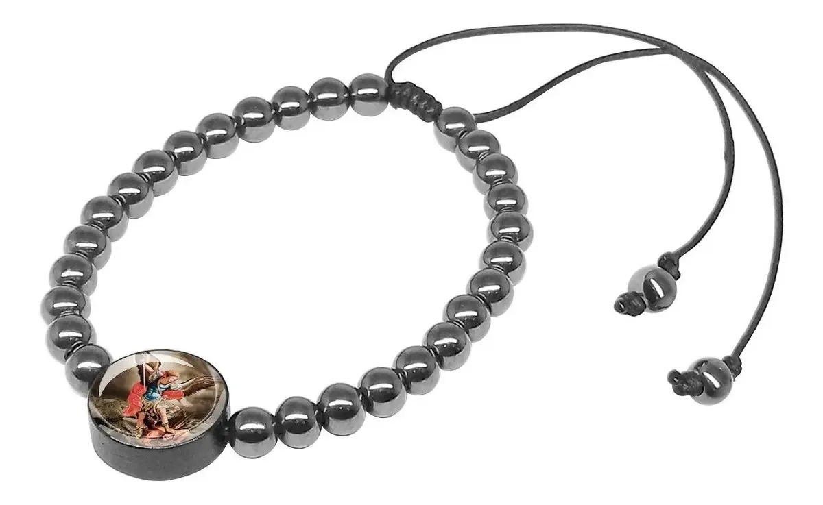 Pulseira Hematita Com Pai Nosso Resinado Sao Miguel Arcanjo