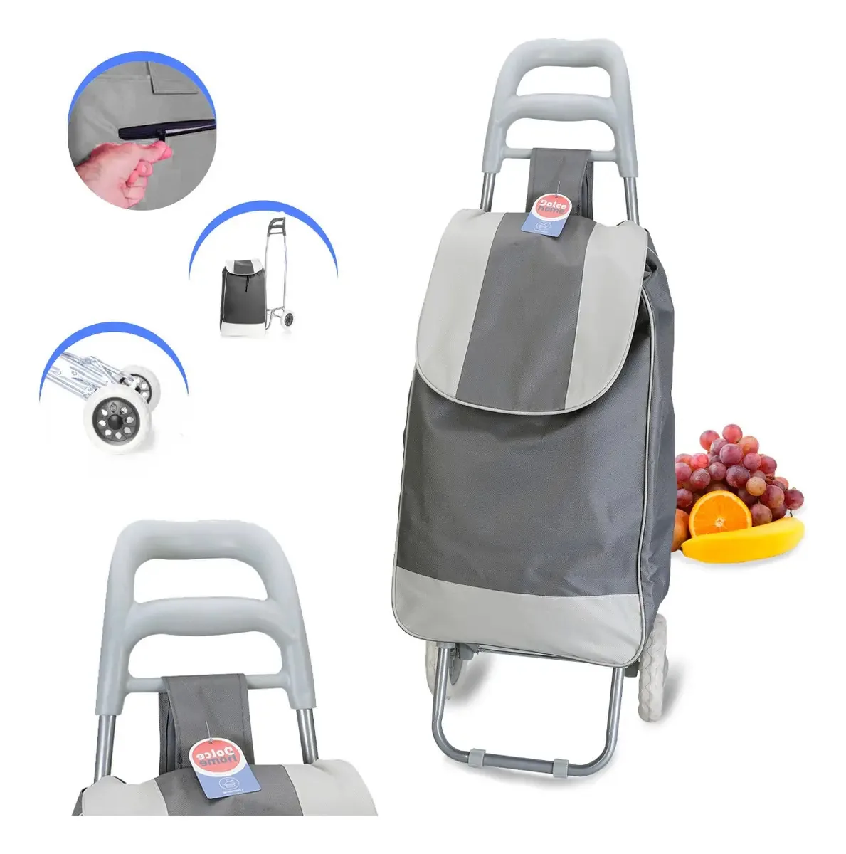 Carrinho Feira Dobrável -suporta Até 30kg Cinza - Dolce Home