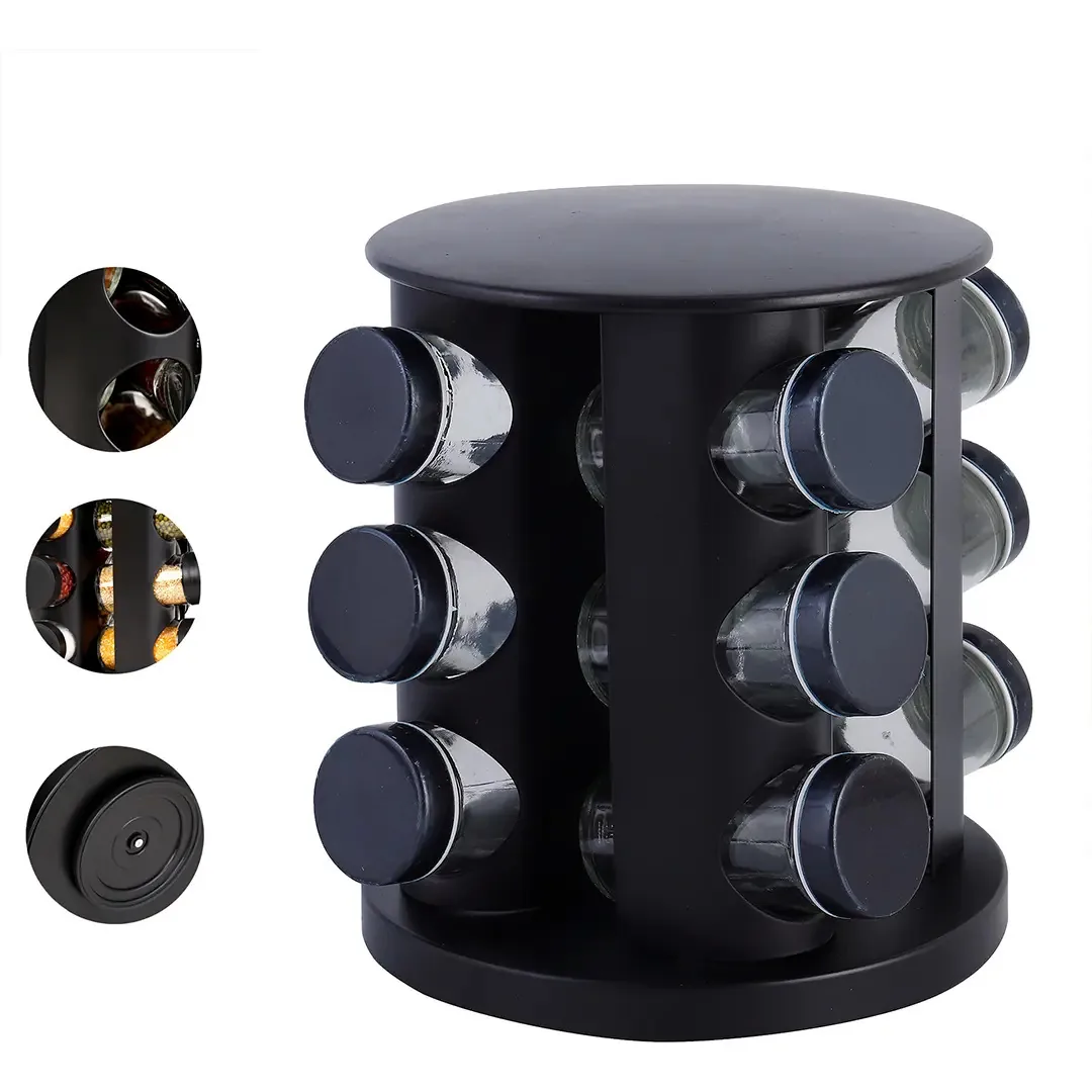 Porta Temperos 12 Potes Base Giratório 360° Preto