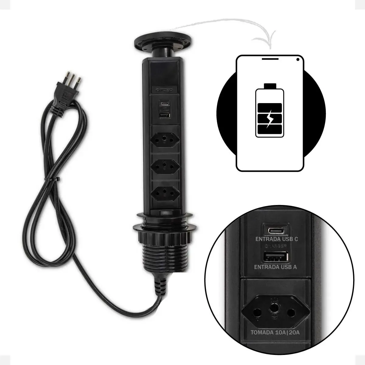 Torre de Tomada Olga Casa e som 3 Tomadas USB A C Indução Preto