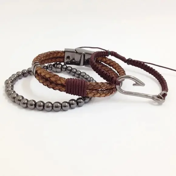 Kit 3 Pulseiras Masculinas Couro Anzol Hematita