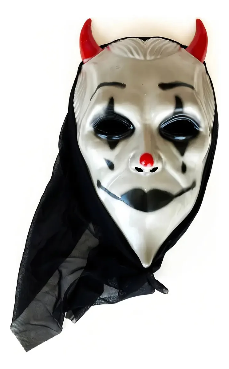Máscara Com Chifre E Capuz Preto Halloween Festa Cosplay Cor Branco e preto