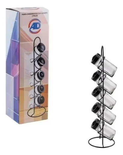 Porta Temperos 5 Potes Vidro C/ Suporte Preto AD