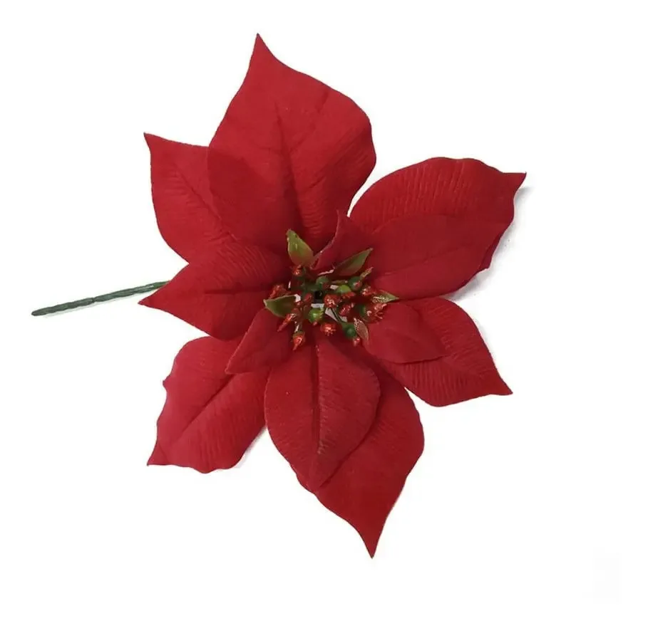 Galho de Flor Poinsettia de Tecido Vermelho Decorativo Niazitex