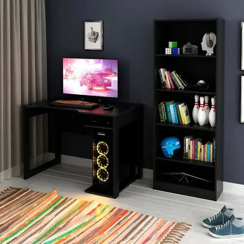 Mesa Gamer Para Computador Com Estante Para Livros E Jogos Cor Preto