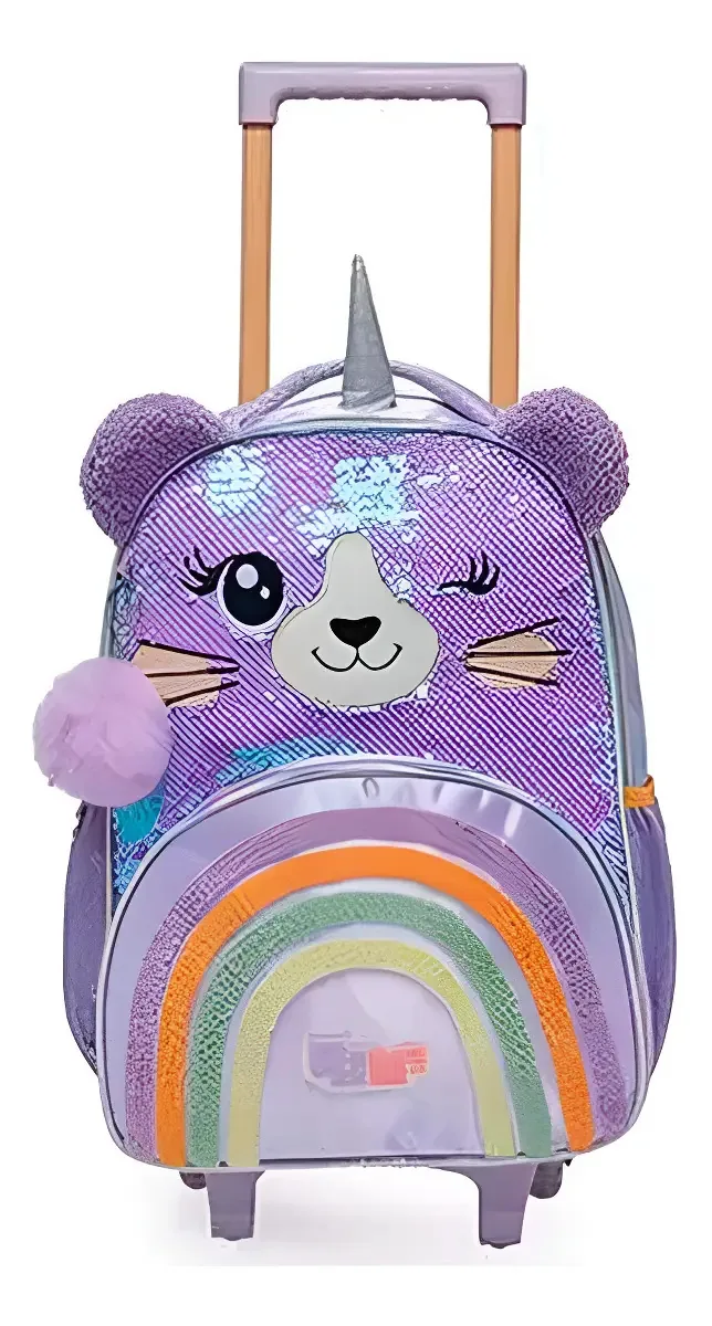 Mochila de Rodinha Pacific Leopardo Pack Me Sweet Brilhosa Lilás com Orelhas