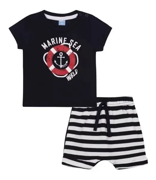 Conjunto Bebe Menino Camiseta E Bermuda / Roupas Para Bebê Cor Azul Tamanho Gg