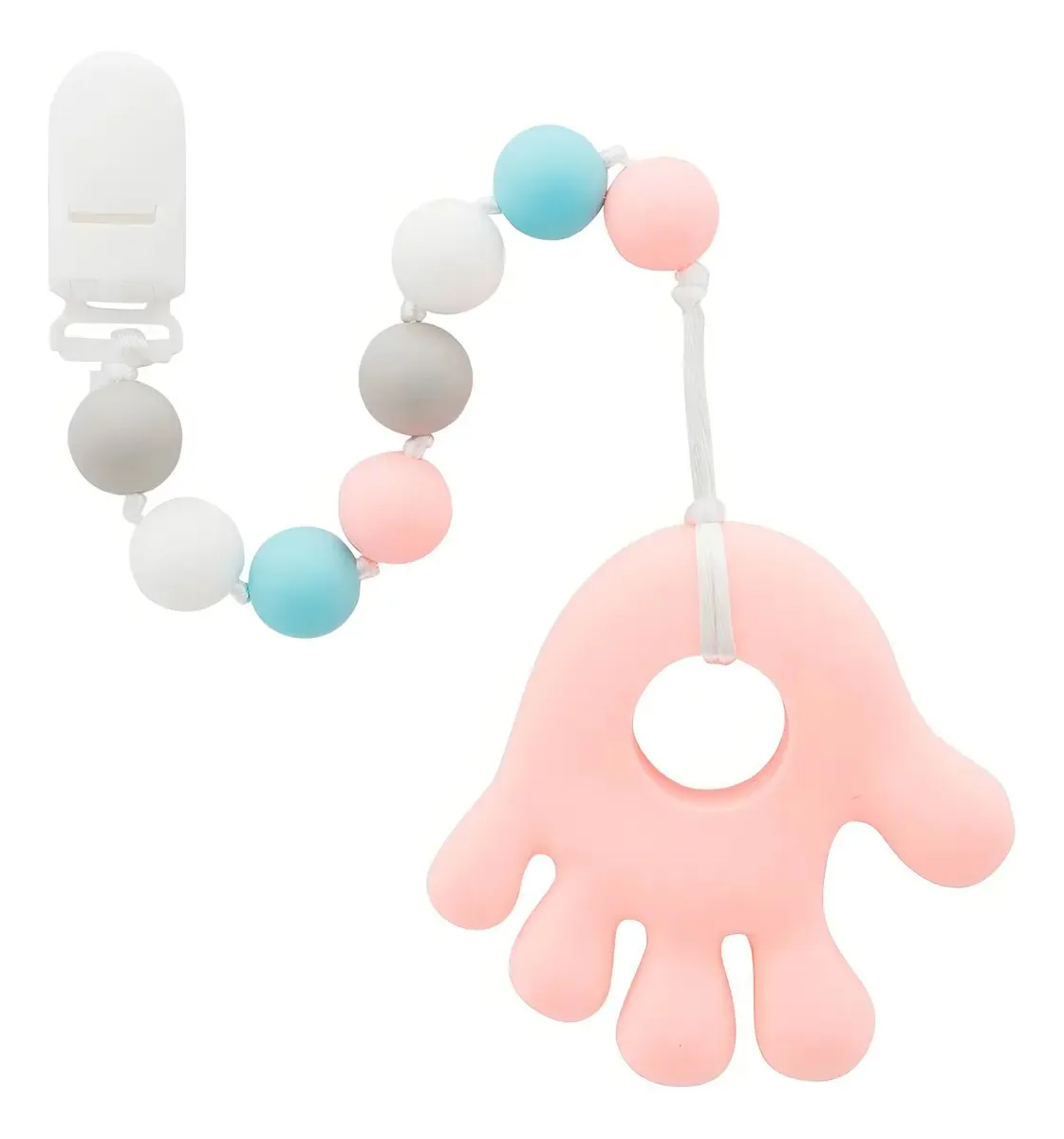 Prendedor De Chupeta + Mordedor De Silicone Para Bebê Cor Rosa