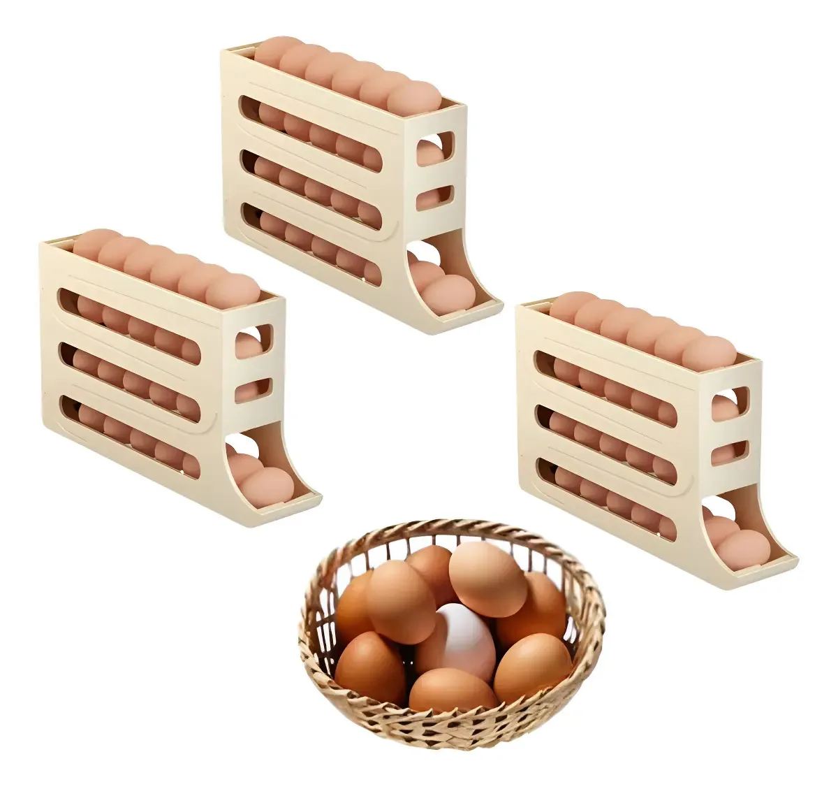 Kit 3 Porta Ovos Organizador Geladeira Creme INMA 4 Andares 30 Ovos