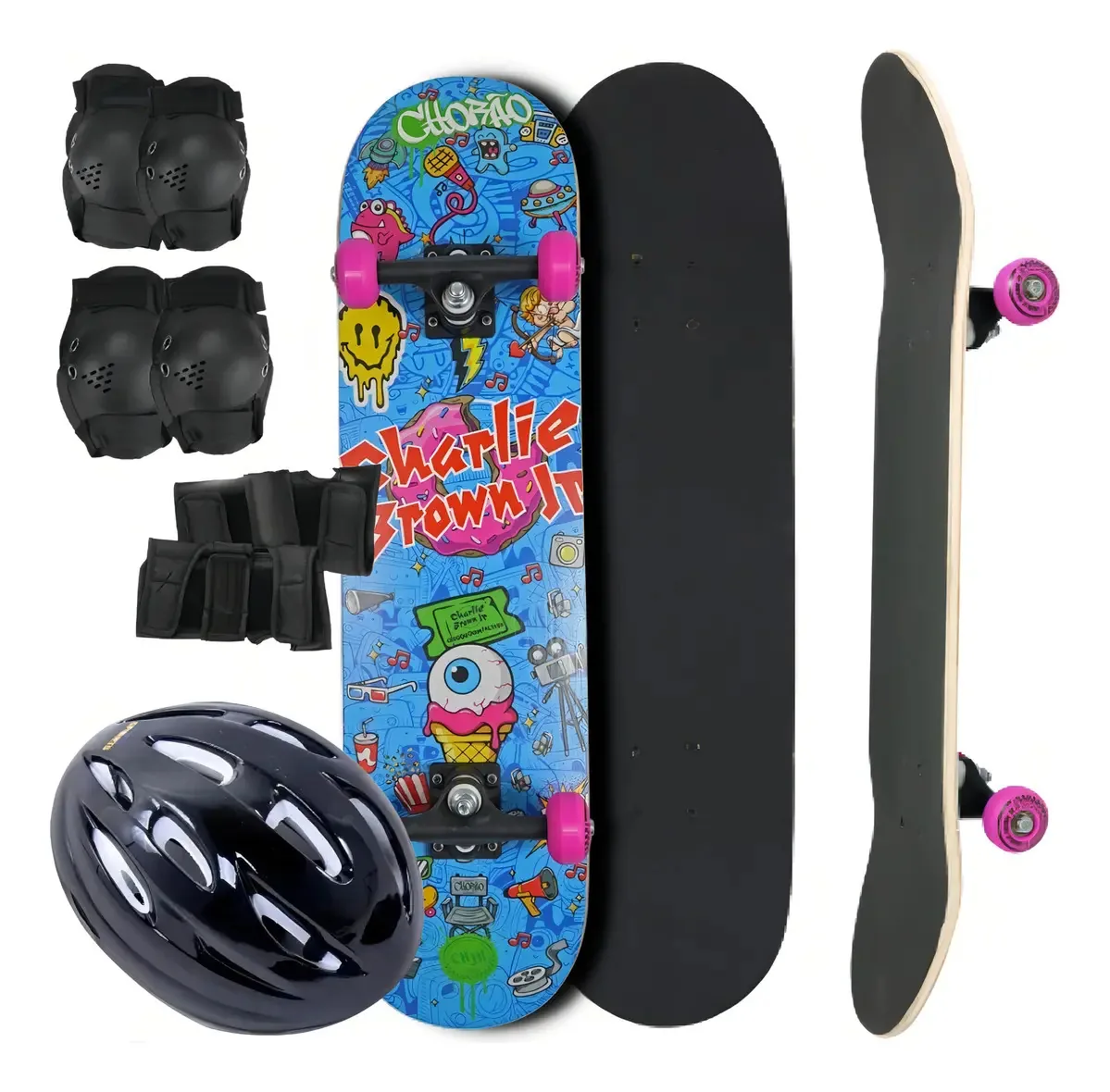 Kit Skate Charlie Brown Jr Montado C/ Kit Segurança Capacete Cor Das Rodas Rosa