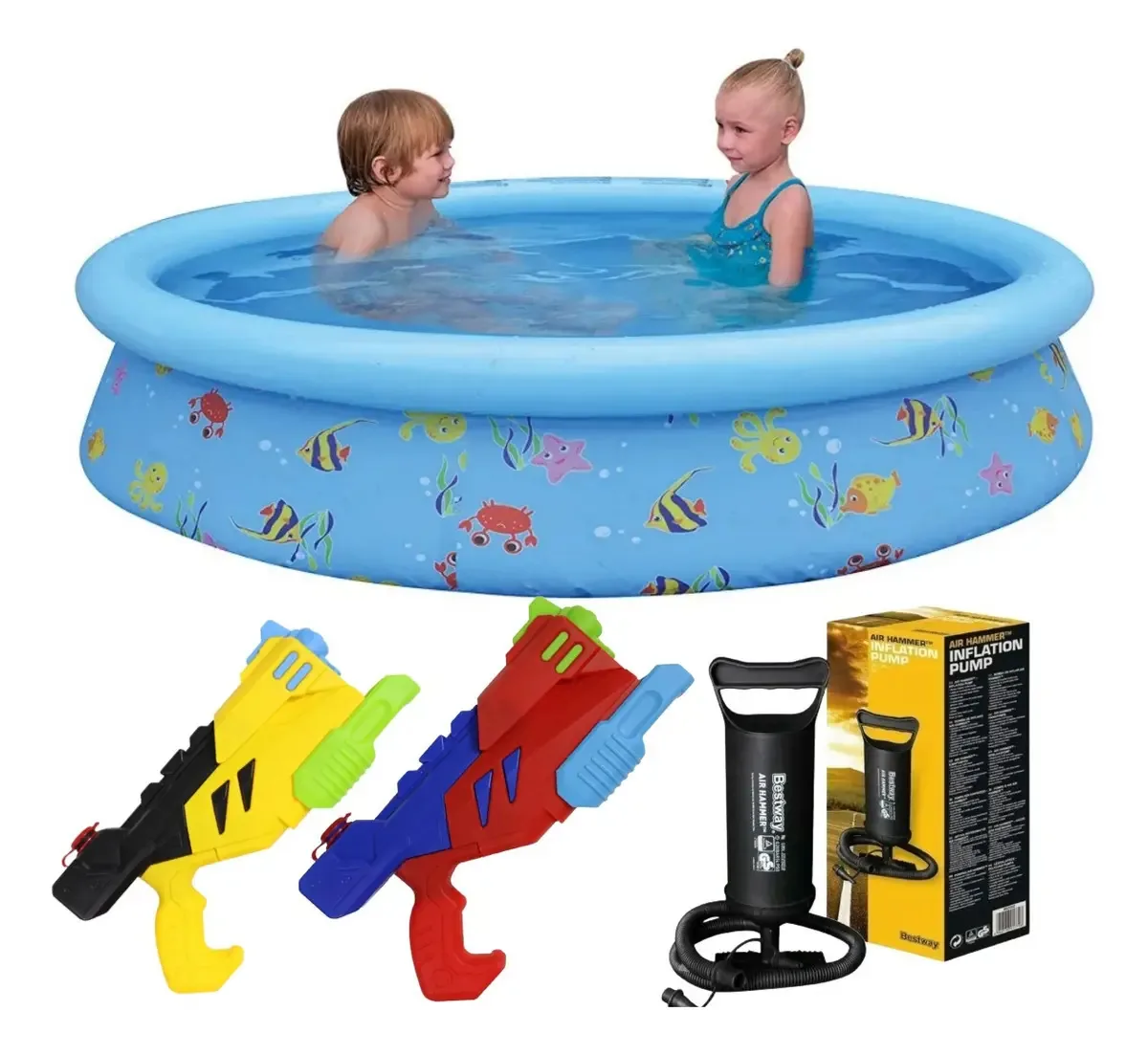 Kit Piscina Inflável 1000l Bomba De Ar 2 Lançadores De Agua Cor Azul