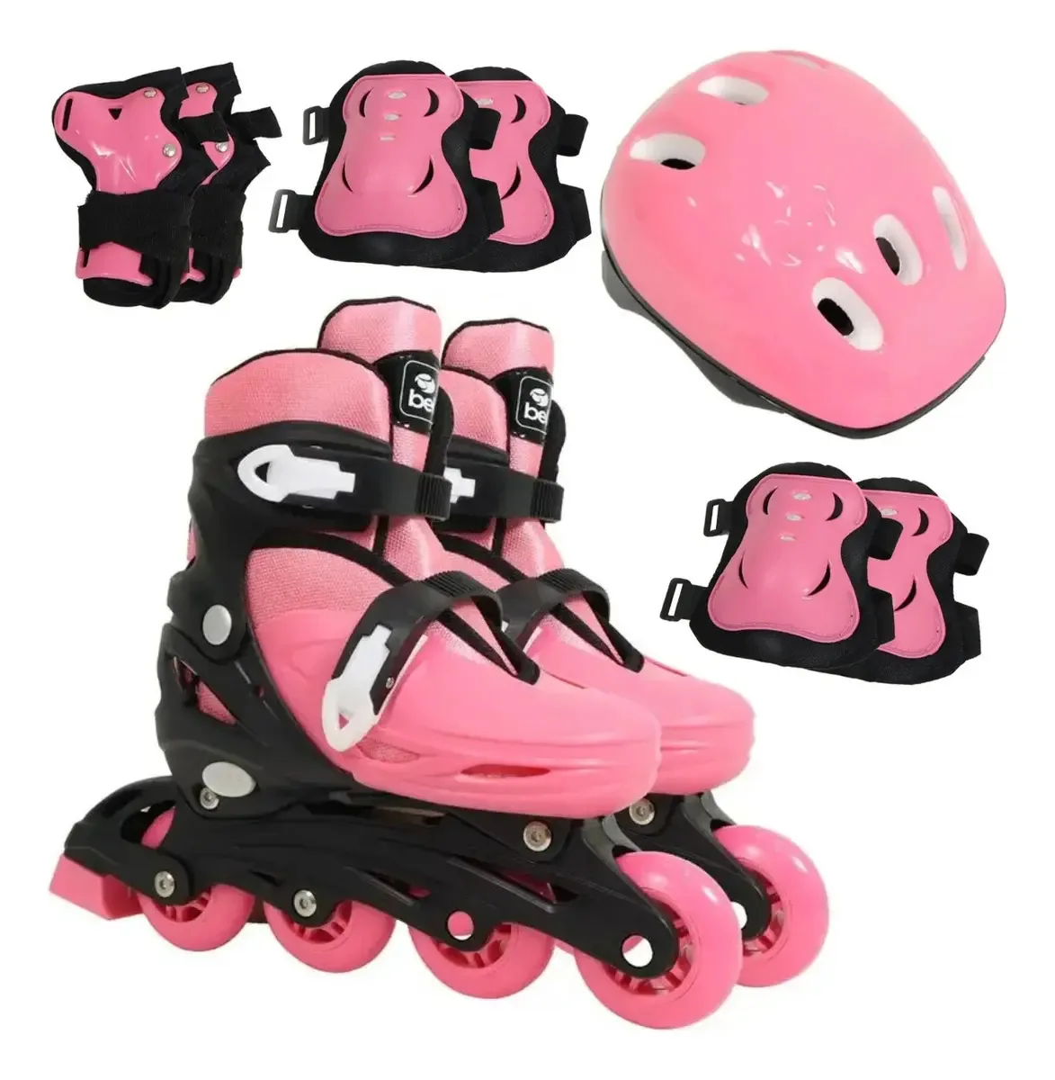Patins Inline Rollers Ajustavel Feminino Com Kit Proteção Rosa