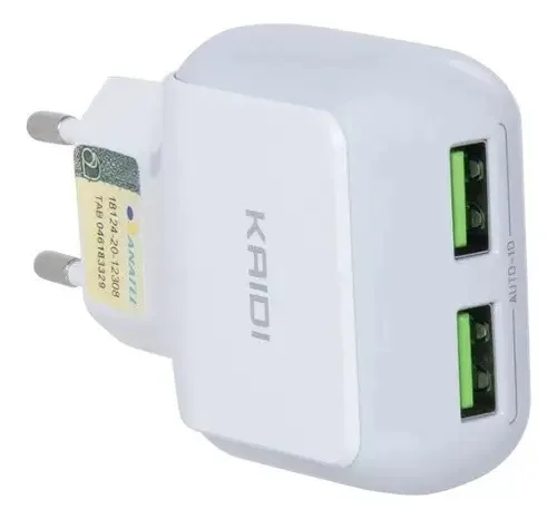 Carregador de Parede Kaidi Turbo 2.4A 2 Entradas USB com Cabo Tipo C