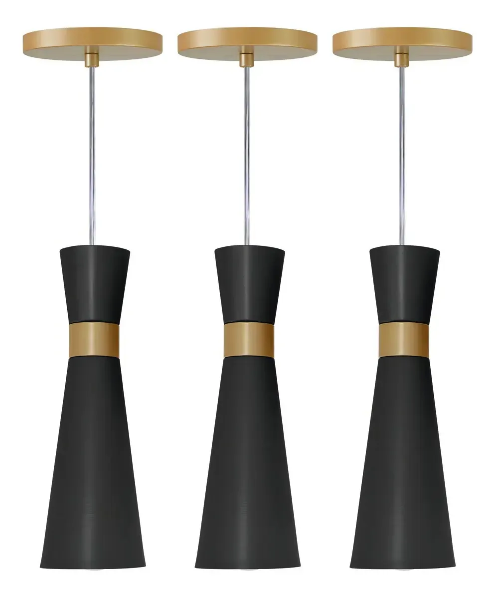 Kit3 Pendentes Luminalux Viena Preto Com Dourado Cabeceira