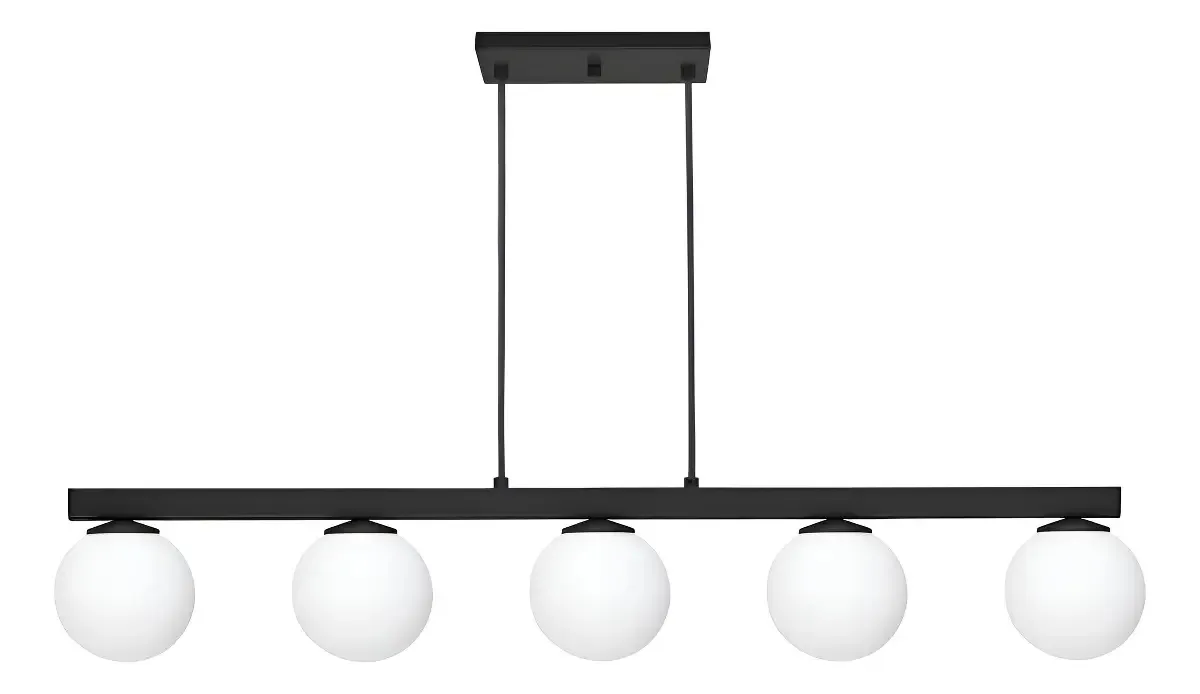 Pendente Luminalux Toronto Linear Preto com 5 Globos de Vidro Branco Leitoso