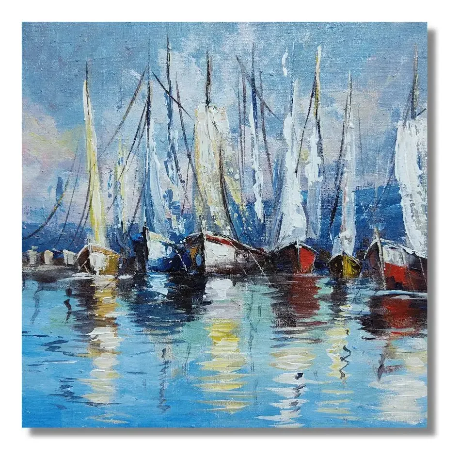 Quadro Paisagem Barcos Avela Reflexo No Mar Acrilico Sobre