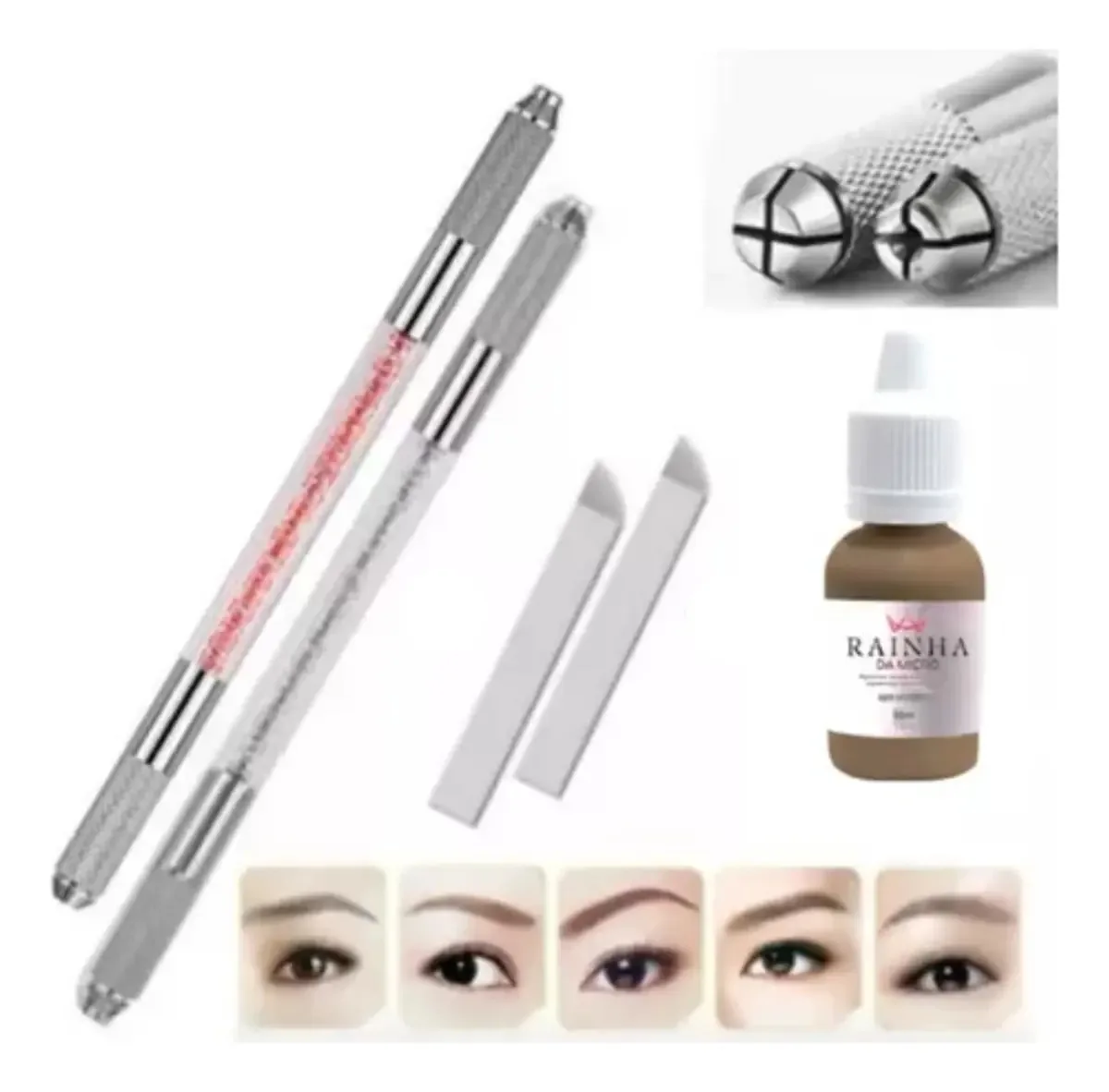 2 Caneta Tebori Microblading + Pigmento+ 2 Agulhas 12 Flex Cor Marrom Glamour