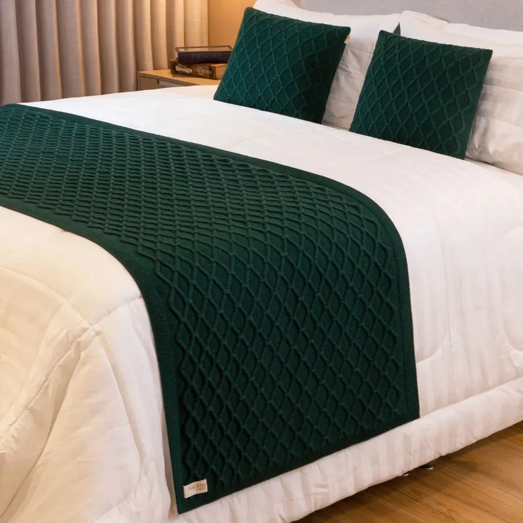 Kit Peseira Manta Sofa Cama Queen 230x70cm + 2 Capas Roma Cor Musgo Desenho Tranças