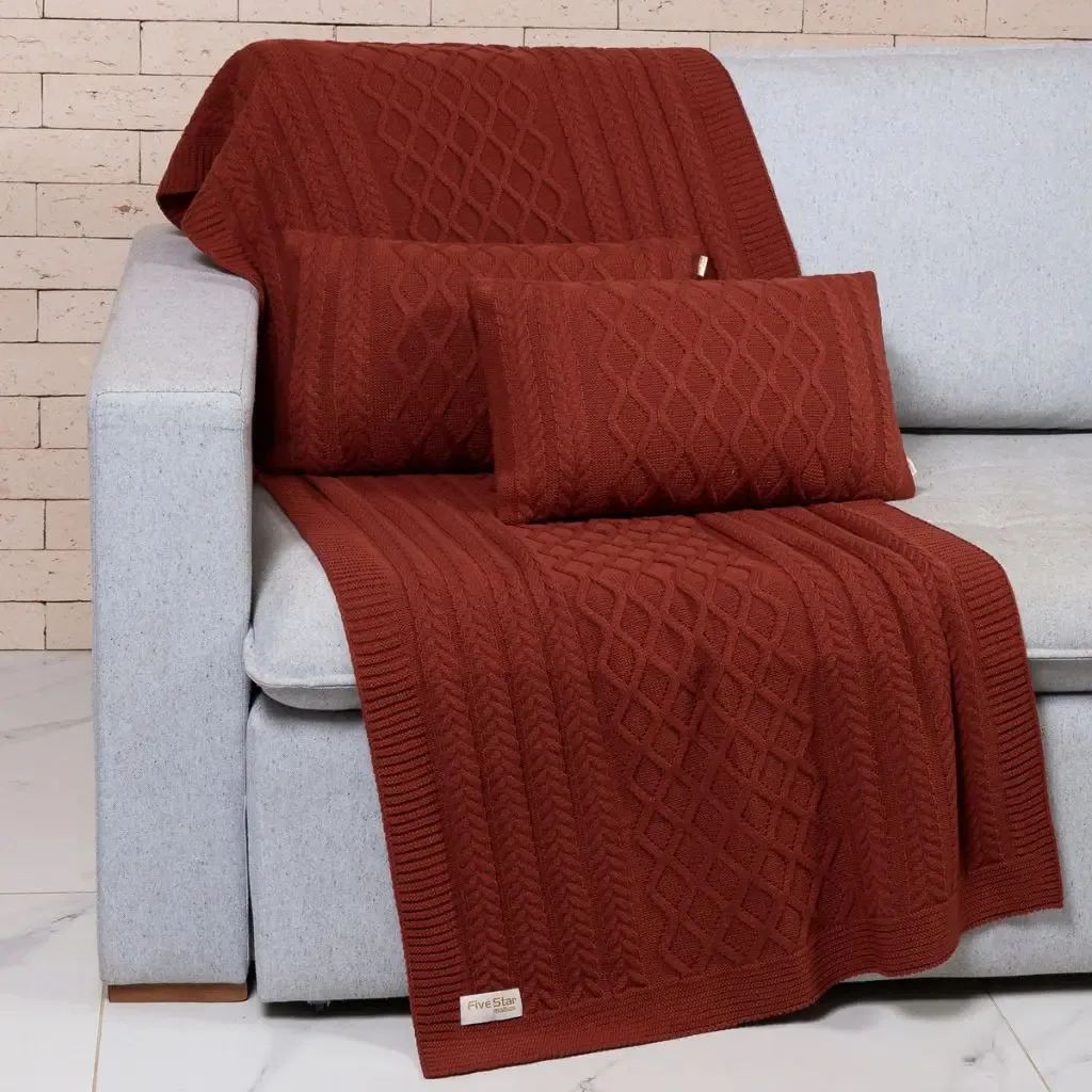 Kit Manta Sofa Tricot 150x90cm Decorativa + 2 Capas Florença Cor Terracota Desenho Tranças