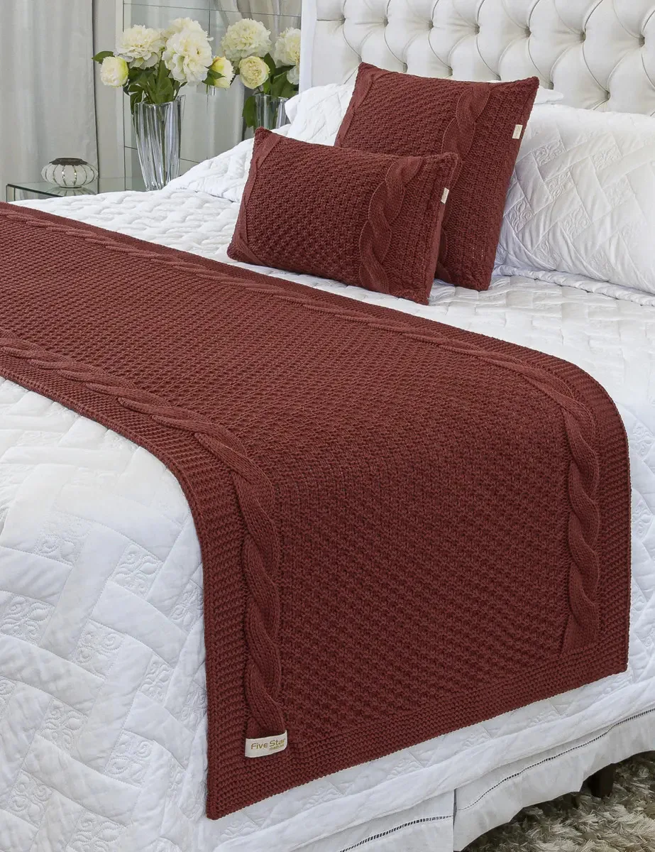 Kit Manta Sofa Cama Casal 180x70 + 2 Capas 50x50 Toronto Cor Terracota Desenho Tranças
