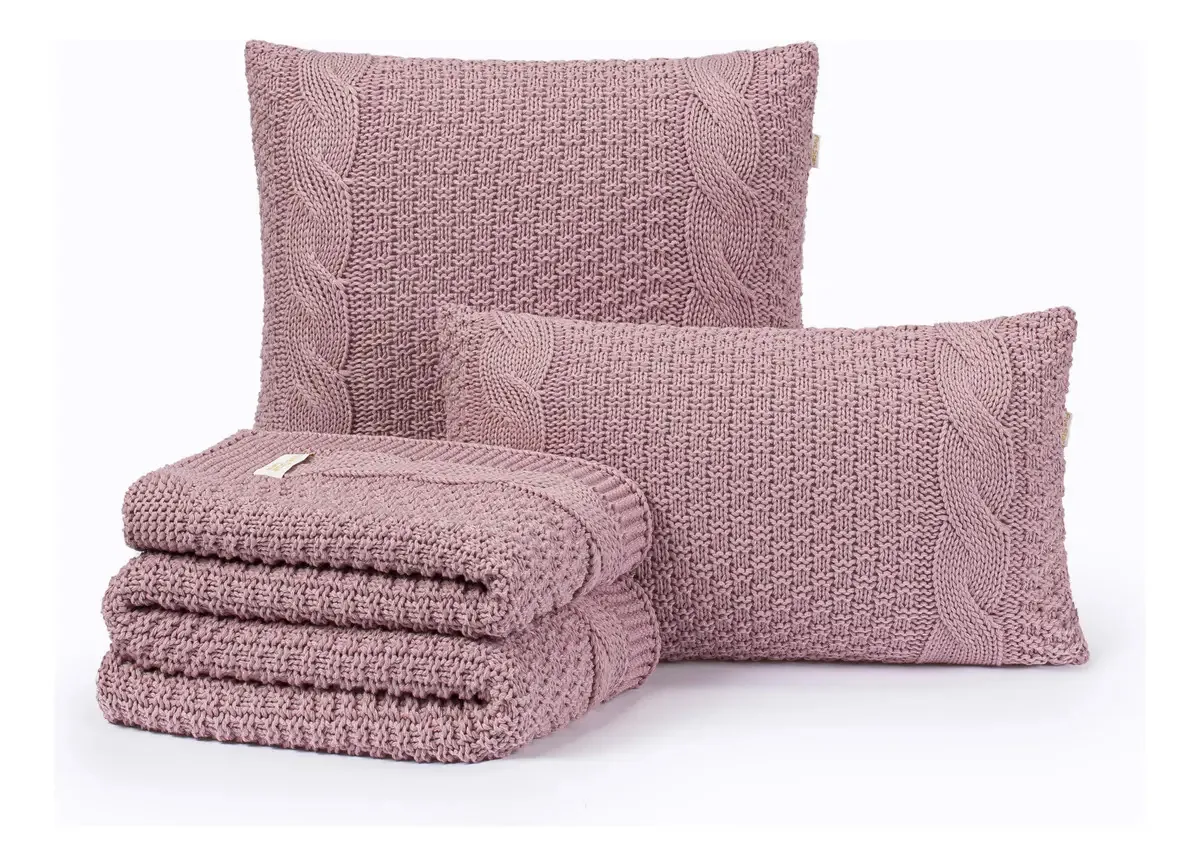 Kit Manta Sofa Cama Queen + 2 Capas Almofada 60x40 Toronto Cor Rose Desenho Tranças