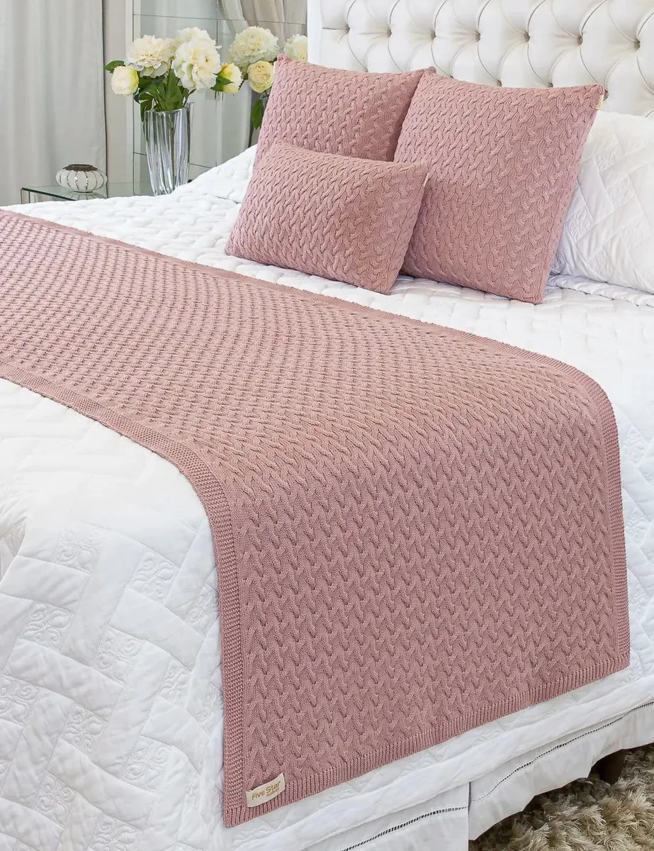Kit Peseira Manta Sofa Cama Casal Trico 180x70 +2 Capas Bali Cor Rose