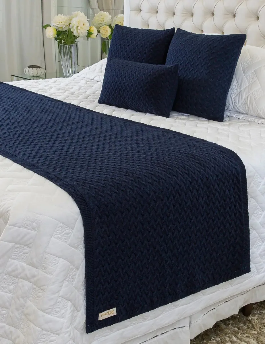 Kit Peseira Manta Sofa Cama Casal Trico 180x70 +2 Capas Bali Cor Marinho