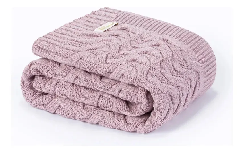 Manta Sofá Peseira Cama Solteiro 150x70 Tricot Maldivas Cor Rose Desenho Trança