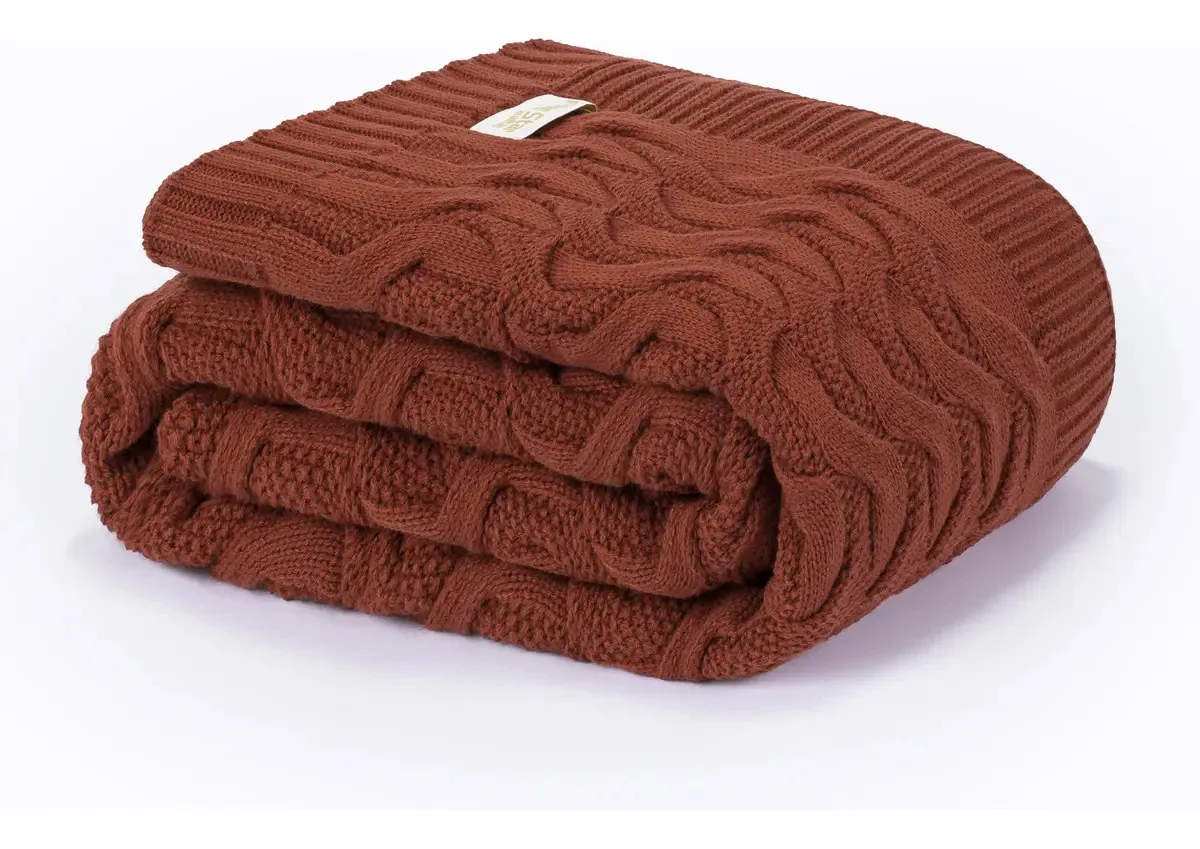 Manta Sofá Peseira Cama Solteiro 150x70 Tricot Maldivas Cor Terracota Desenho Trança