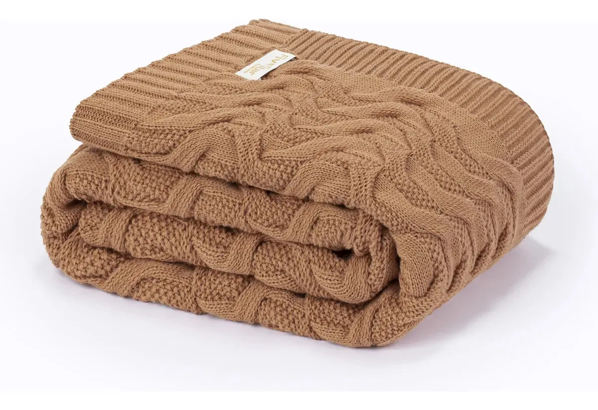 Manta Sofá Peseira Cama Solteiro 150x70 Tricot Maldivas Cor Cobre Desenho Trança