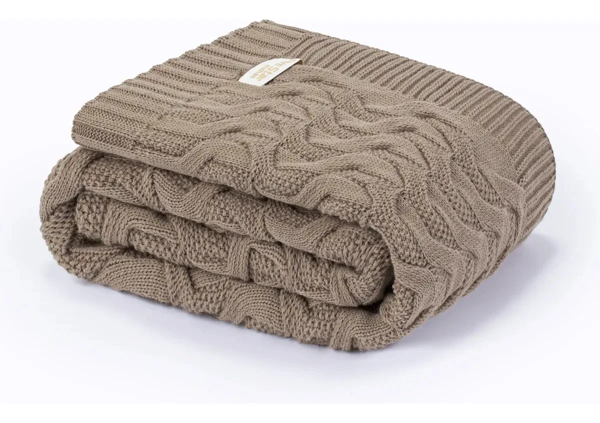 Manta Sofá Peseira Cama Solteiro 150x70 Tricot Maldivas Cor Capuccino Desenho Trança
