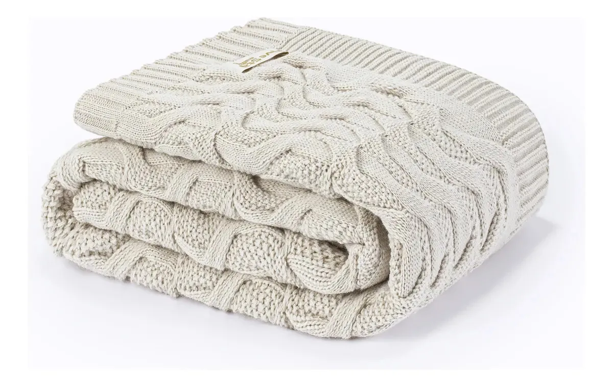 Manta Sofá Peseira Cama Solteiro 150x70 Tricot Maldivas Cor Bege Desenho Trança