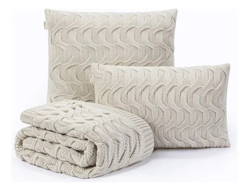 Kit Manta Sofa 180x70 + 2 Capas De Almofada 50x50 Maldivas Cor Bege Desenho Tranças
