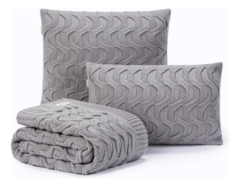 Kit Manta Sofa 180x70 + 2 Capas De Almofada 45x45 Maldivas Cor Cinza Desenho Tranças